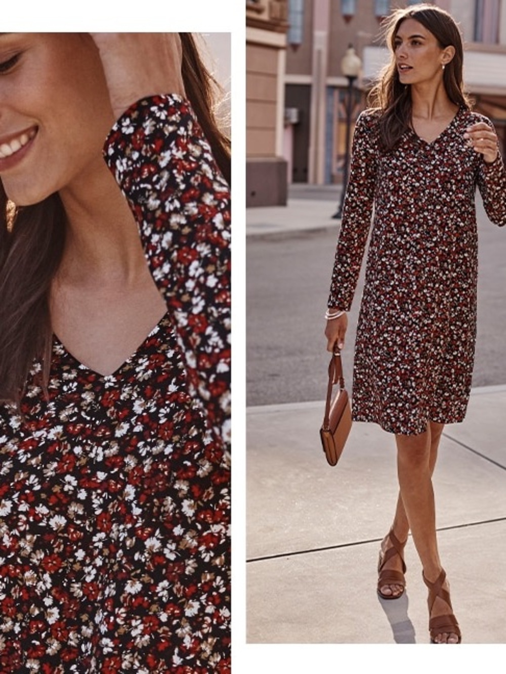 J. Jill Wearever V-Neck back pleat dress black red and cream floral print 1X